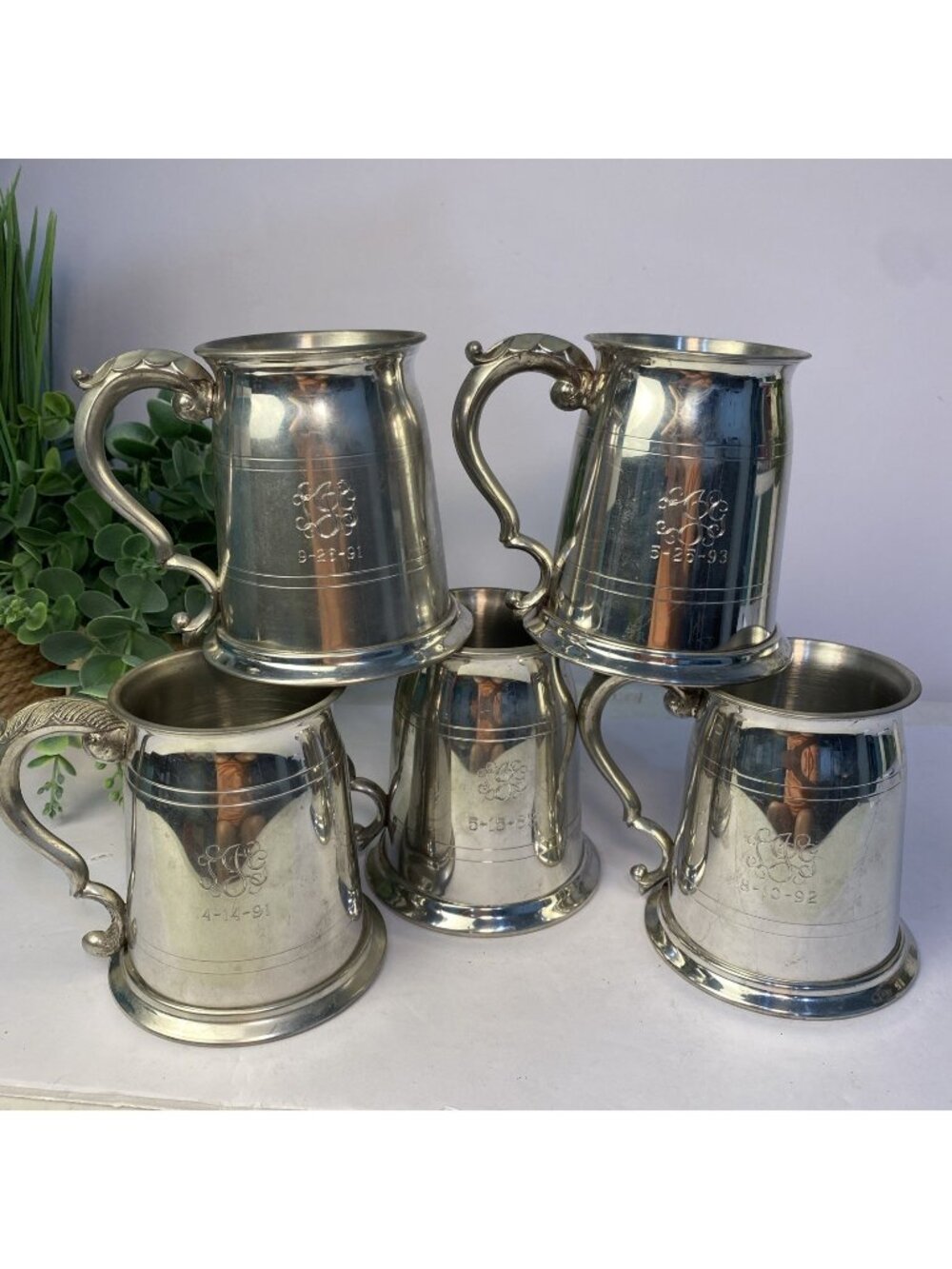 Set Of 5 Vintage Sheffield English Pewter Glass Bottom Tankard Mugs Monogrammed